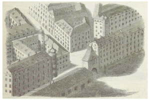 Historische Stadtansicht mit verschiedenen Architekturgebäuden und Text unten.