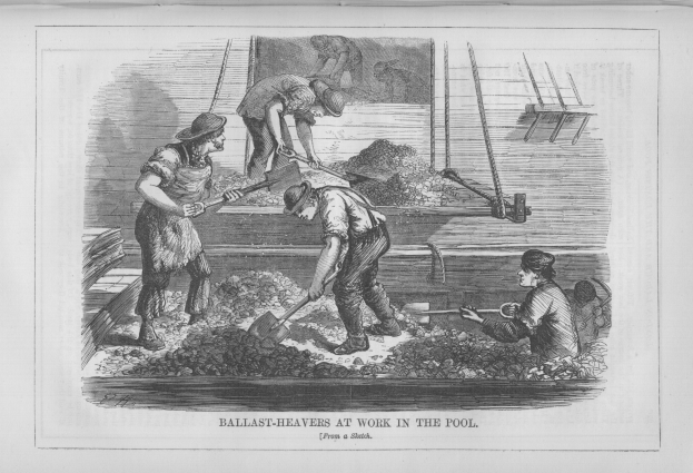 Schwarzes Bild von Menschen im Pool bei der Arbeit, einige halten Schaufeln, mit dem Text "Ballast-Heavens bei der Arbeit im Pool" unten.