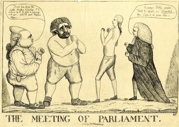 Eine handgezeichnete Skizze von drei Menschen, die stehen und diskutieren, beschriftet mit "Die Parlamentssitzung" unten.