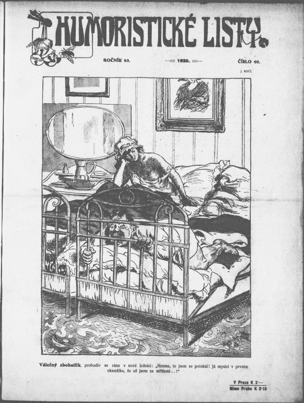 Schwarzer und weißer Zeichnung einer Person, die auf einem Bett liegt, mit einem Spiegel auf dem Nachttisch und einem gerahmten Bild an der Wand, begleitet von tschechischem Text vom 20. April 1920.