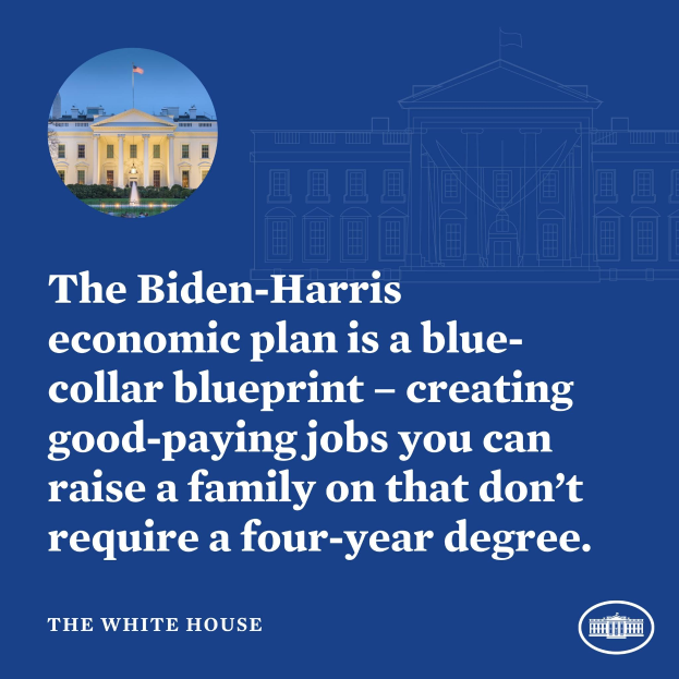 Plakat mit einem Bild des Weißen Hauses und Text, der die Wirtschaftspläne von Biden-Harris bewirbt