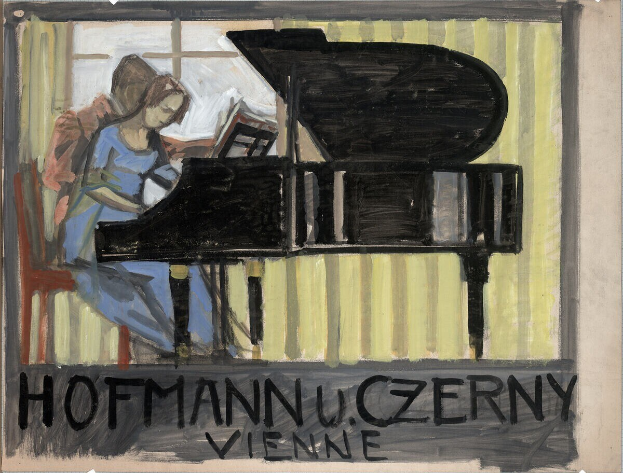 Eine Frau in einem wei├čen Kleid und einer blauen Schawl spielt ein Klavier, ihre Augen sind geschlossen in Konzentration, mit einem friedlichen Ausdruck auf ihrem Gesicht.