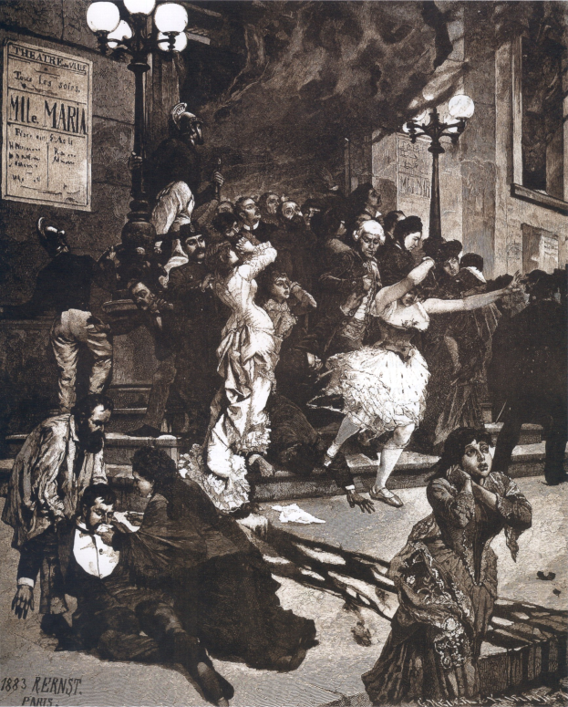 Schwarz-weiß-Illustration von tanzenden Menschen vor einem Gebäude mit Laternen und einer wandmontierten Tafel, beschriftet mit 'Der Tanz der Oper' unten.