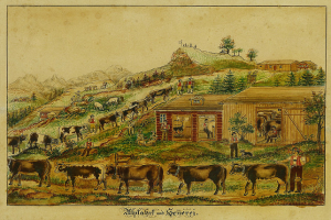 Ein Gemälde, das eine Farmszene mit Kühen zeigt, die im Vordergrund grasen, umgeben von Häusern, Bäumen, Hügeln und Menschen, mit Text unten.