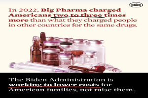 Ein Plakat mit Text """2022, Big Pharma Charged Americans Two to Three Times More Than What They Charged People in Other Countries for the Same Drugs""" am unteren Rand, mit ein paar Flaschen und einer Spritze darunter.