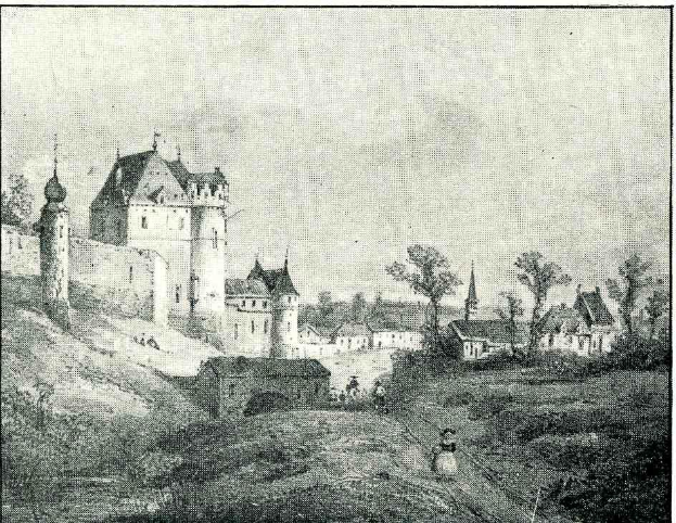 Schwarz-weiß-Zeichnung einer Burg in einem Feld mit Bäumen und Häusern, beschriftet mit "Bayerische Burg in Deutschland" unten.