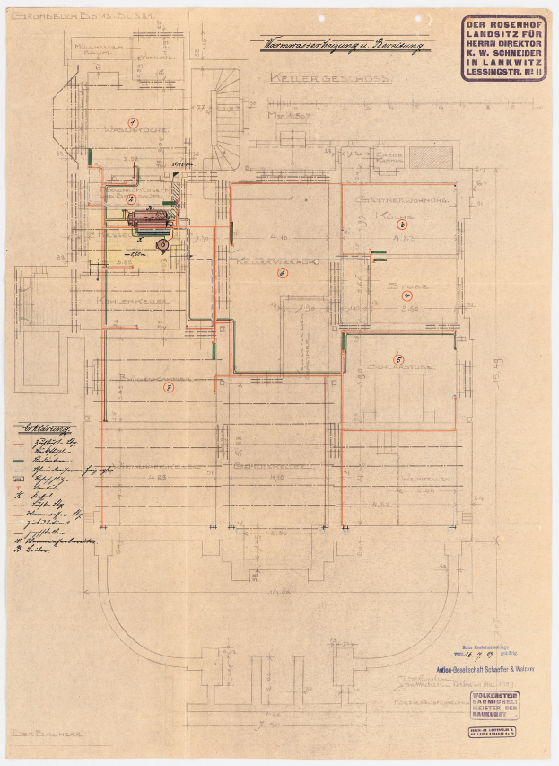 Schwarz-weißes Architekturzeichnung vom Rosenhof-Krankenhaus in Hamburg, Deutschland, zeigt detailliertes Layout mit zahlreichen Drähten, Zimmern, Fluren und Textanmerkungen.