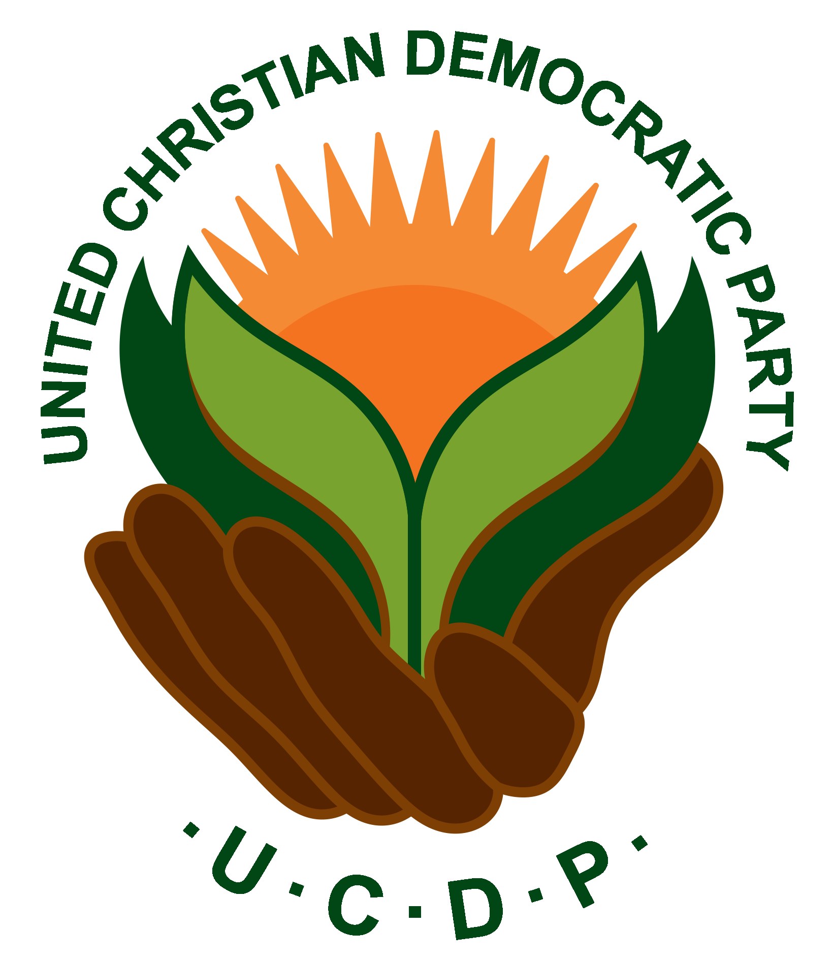 Logo der Vereinigten Christdemokraten (UCDP): eine Hand, die eine leuchtend gelbe Blume mit einem grünen Stiel und Blättern hält, mittig in einem blauen und gelben Kreis auf einem weißen Hintergrund, mit der schwarzen, fetten Schrift 'UCDP' darunter.