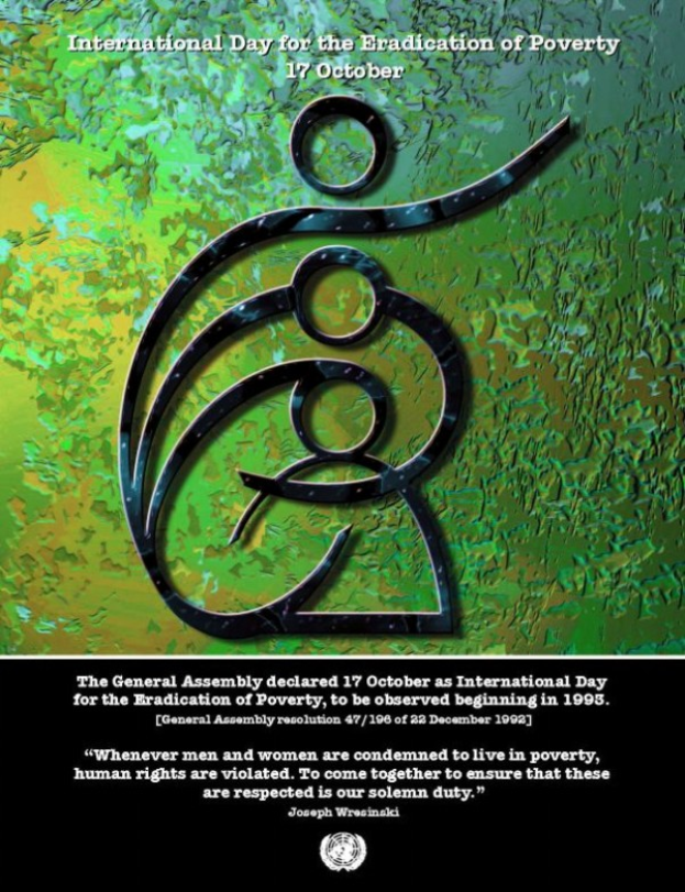 Ein Plakat mit einem hellblauen Hintergrund und einem weißen Rand, das ein Logo einer Hand in einem Kreis zeigt, der von Blättern umgeben ist, sowie den Text "Internationaler Tag" in fetter weißer Schrift.