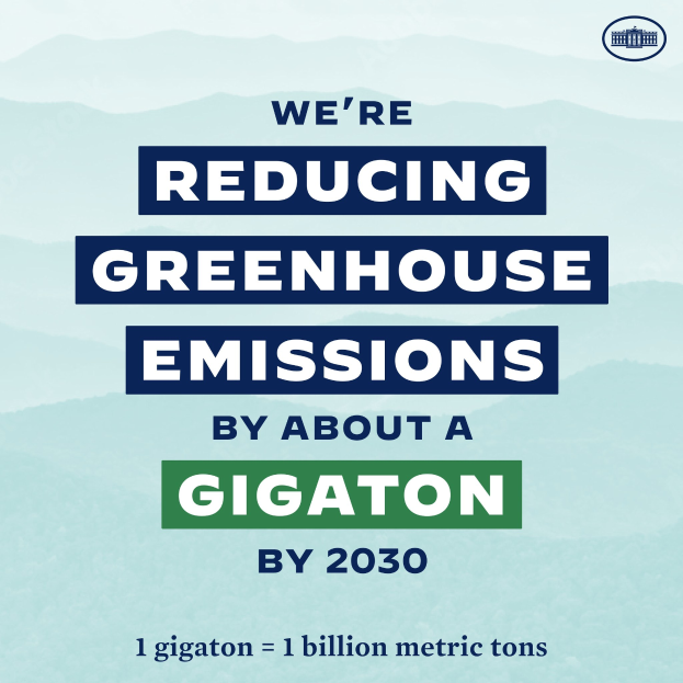 Plakat mit Text und Logo, das "Wir reduzieren die Treibhausgasemissionen um etwa eine Gigatonne bis 2030" verkündet.