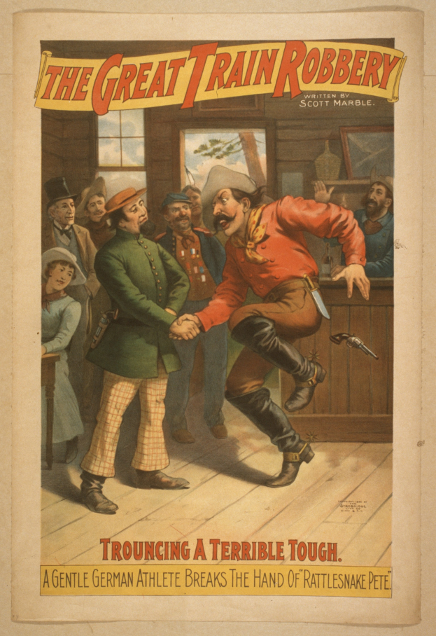 Ein Plakat, das eine Gruppe von Menschen zeigt, die drinnen stehen, einer hält eine Waffe in der Hand, mit Text oben und unten: "Der große Zugraub - Trouching a Terrible Tough".