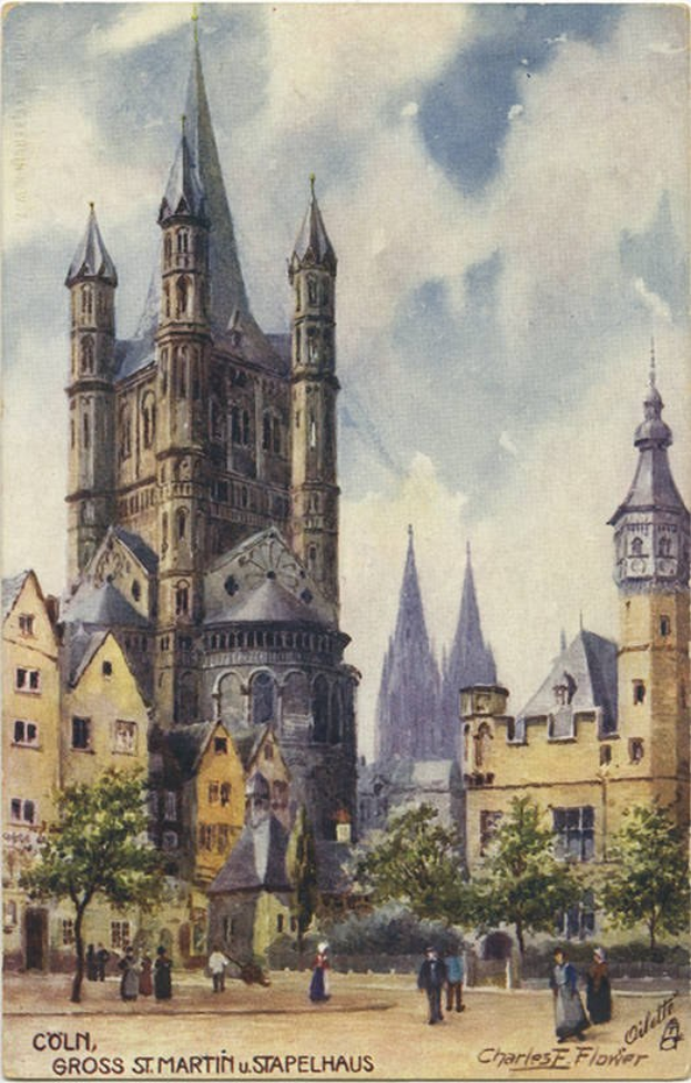 Eine sepiafarbene Postkarte zeigt die St. Martinskirche in St. Paul, umgeben von Gebäuden, Bäumen und Menschen, mit einem bewölkten Himmel darüber und Text unten.