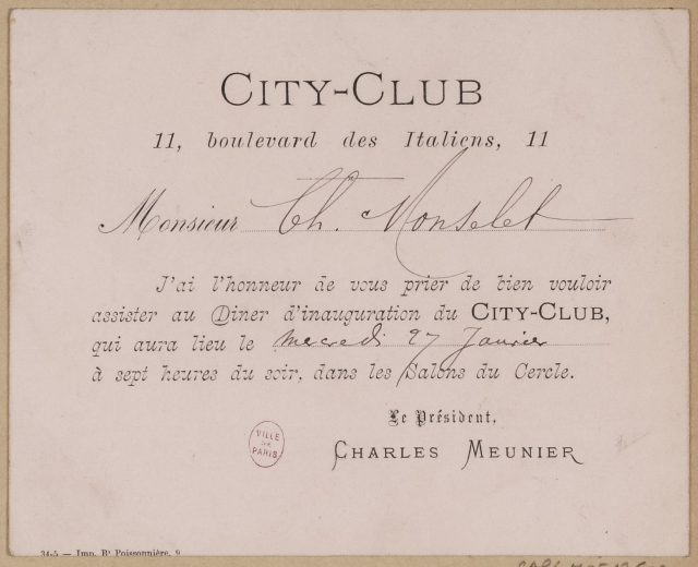 Schwarz-weißes Bild eines alten Dokuments mit der Aufschrift "Stadtclub" und einem teilweise verdeckten Stempel.
