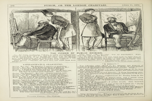 Ein altes Buchcover mit einer Illustration eines sitzenden Mannes in einem Stuhl mit ernstem Gesichtsausdruck und einer stehenden Frau, die wegsieht, betitelt mit "Die Macht der öffentlichen Meinung".