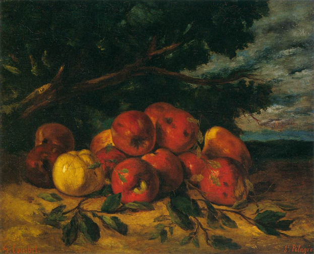 Ein Gemälde mit dem Titel "Naturstillleben mit Äpfeln und Birnen" von St. Pelagre, das ein Stillleben von Äpfeln und Birnen auf einem Tisch mit einem Baum und einem bewölkten Himmel im Hintergrund zeigt.