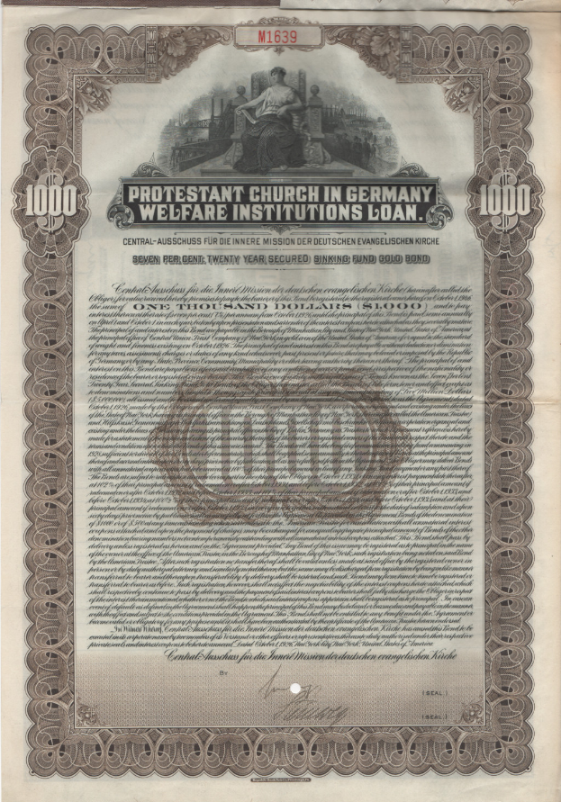 Ein altes Dokument mit einem hellblauen Hintergrund und schwarzer Schrift, betitelt "Kirchliche Fürsorgestellen-Kredit der Protestantischen Kirche in Deutschland", zeigt das Porträt eines Mannes im Anzug und mit Krawatte, der ernst zur Seite schaut.